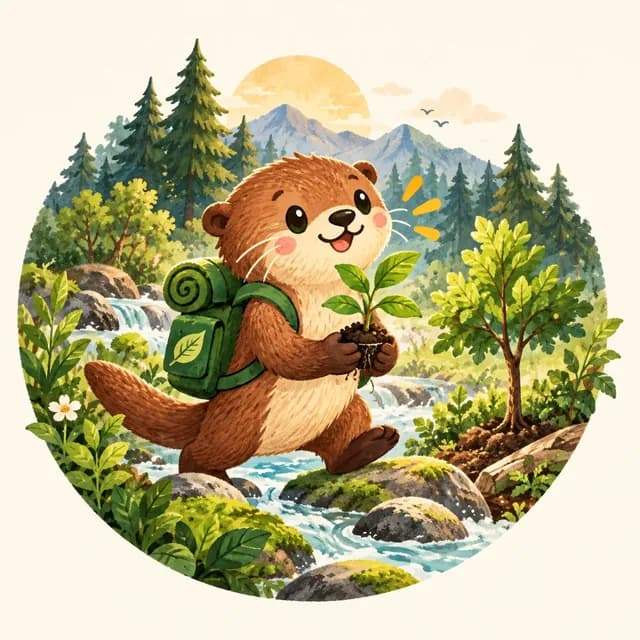 Pebble Otter, EcoRouter's guide, wearing a green leaf backpack and carrying a seedling across a forest stream toward a young tree, with mountains and a rising sun behind.