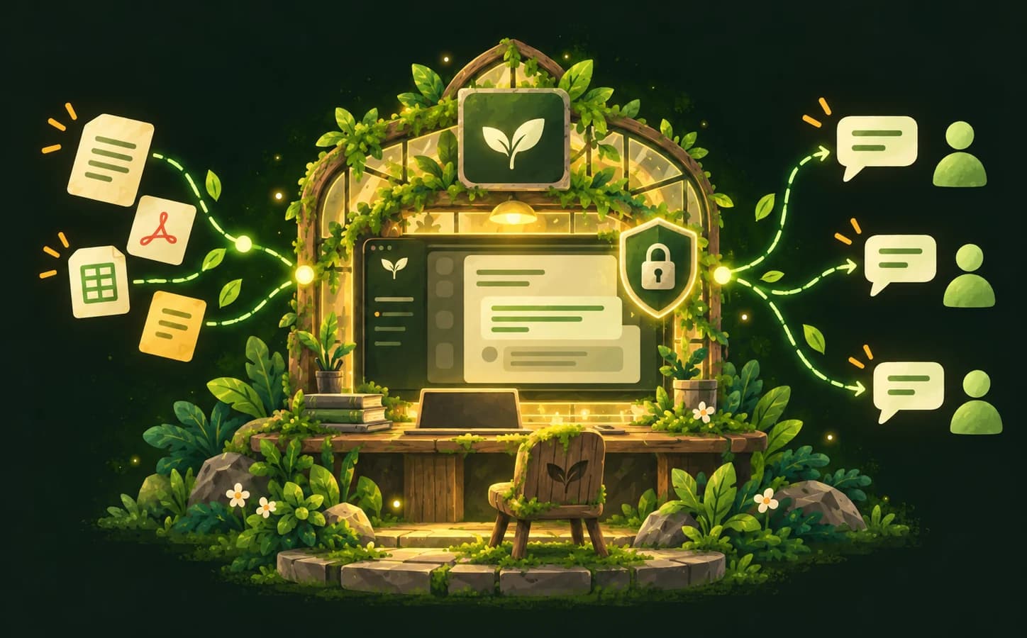 Illustration: company documents, PDFs and spreadsheets flow into a private, lock-protected EcoRouter workspace set inside a greenhouse, and answers flow out to several team members.