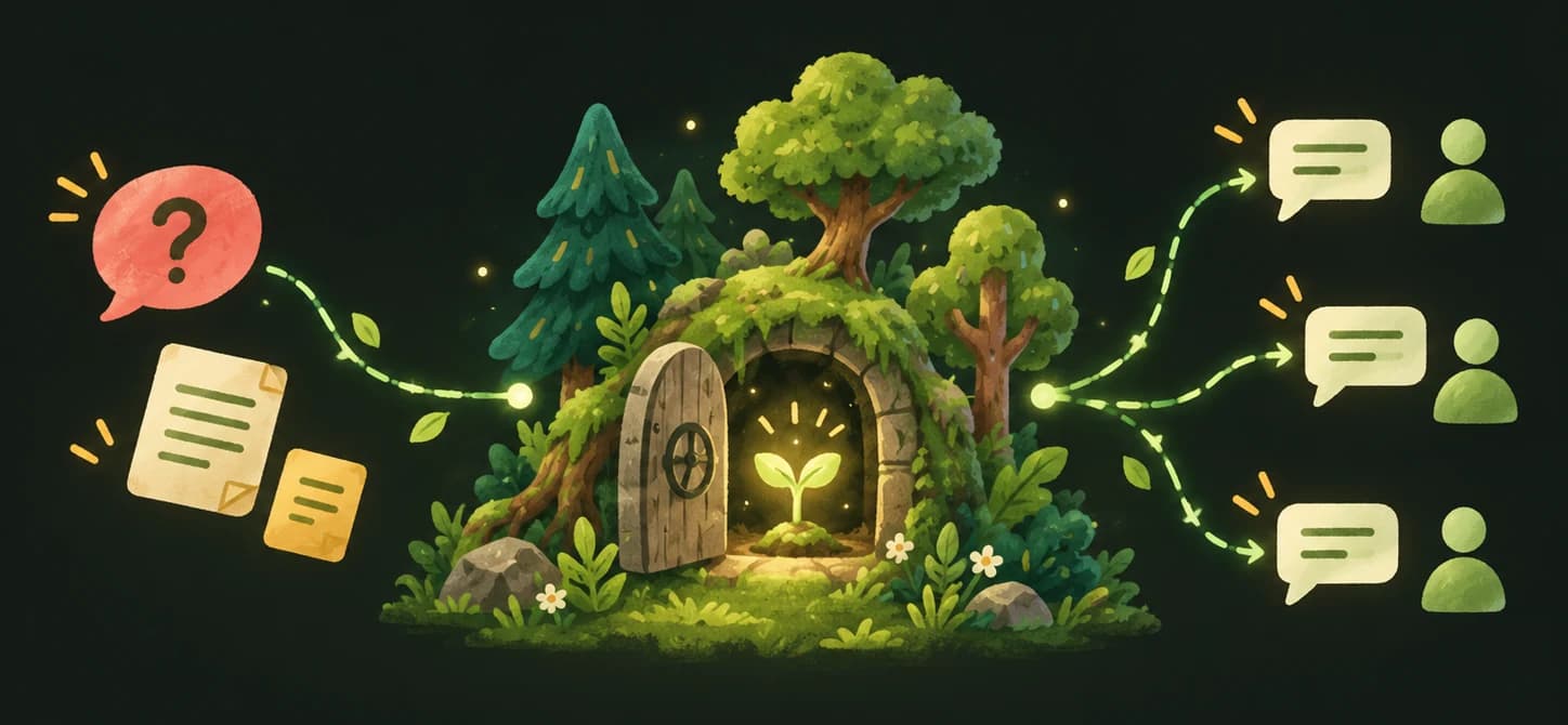 Illustration: a question and documents travel along a glowing path into a knowledge vault inside a mossy hillside, where a seedling grows; the stored answer flows back out to three people.